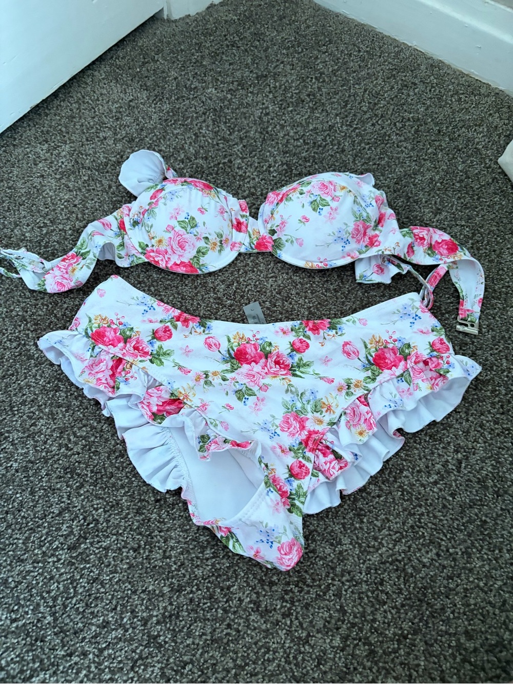 Floral Ruffle Bikini Set - White with Pink Roses